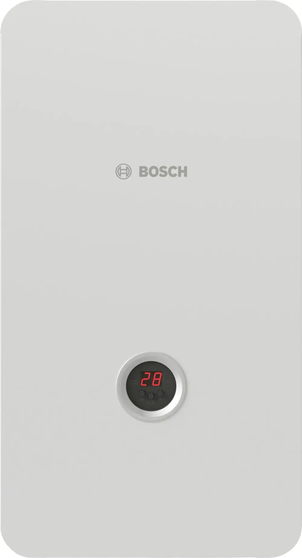 Weißer Elektro-Heizkessel von Bosch, wandhängend, mit digitalem Display, das die Temperaturanzeige zeigt. Schlichte Bauform ohne sichtbare Bedienelemente.
